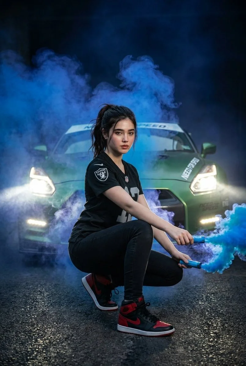 Cinematic Edge: Woman in Blue Smoke with Nissan GTR