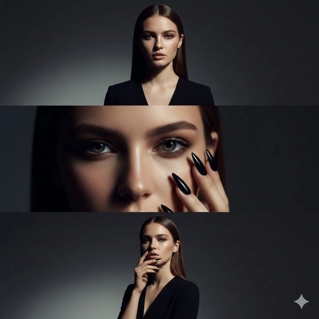 Cinematic Elegance: High-Fashion Triptych Portrait