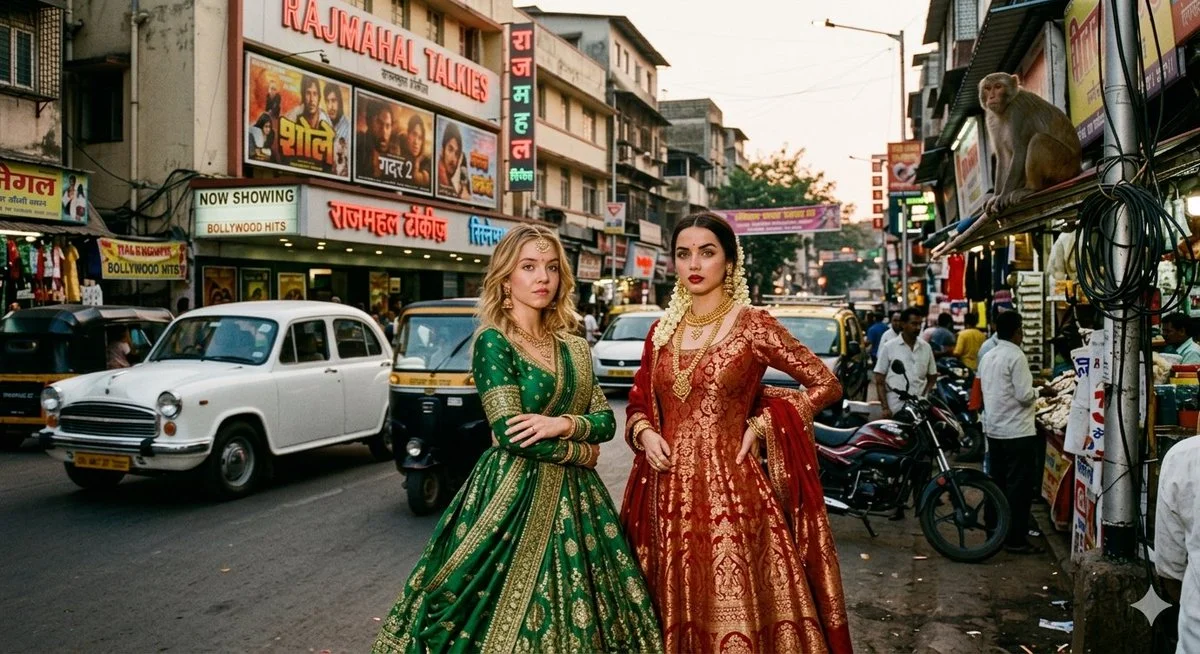 Cinematic Elegance in a Bustling Indian Street