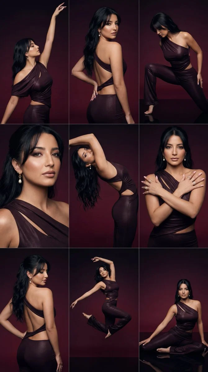 Cinematic Elegance: Nine Striking Poses in a Burgundy Noir Editorial