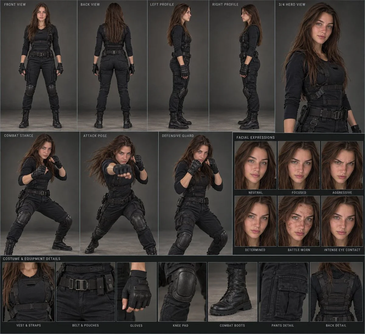 Cinematic Fighter Character Sheet Shows Realistic Combat Gear and Poses