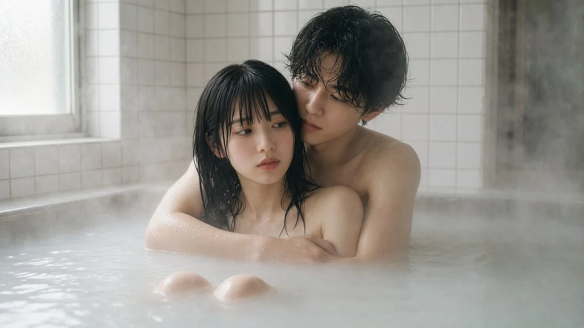 Cinematic film still shows couple's intimate bath in soft pastel tones