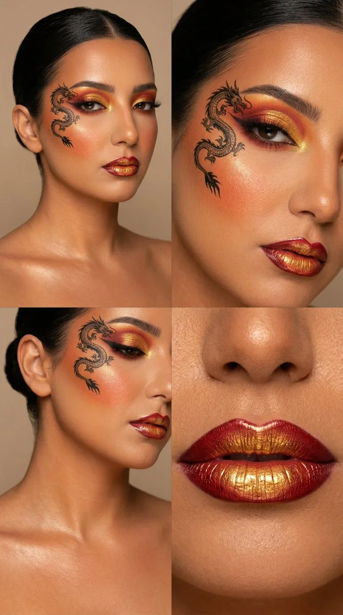 Cinematic Fire Dragon Makeup in Ultra-Realistic 2x2 Grid
