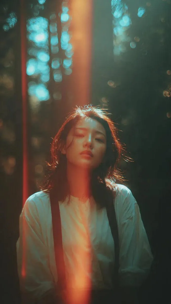 Cinematic Forest Portrait of Asian Woman with Analog Film Imperfections