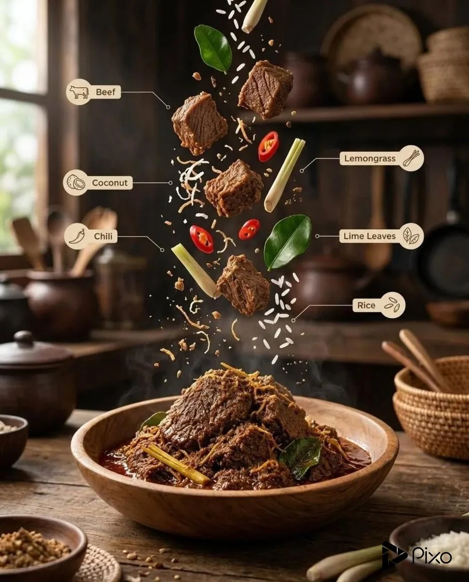 Cinematic Freeze-Frame of Rustic Beef Curry Ingredient Explosion