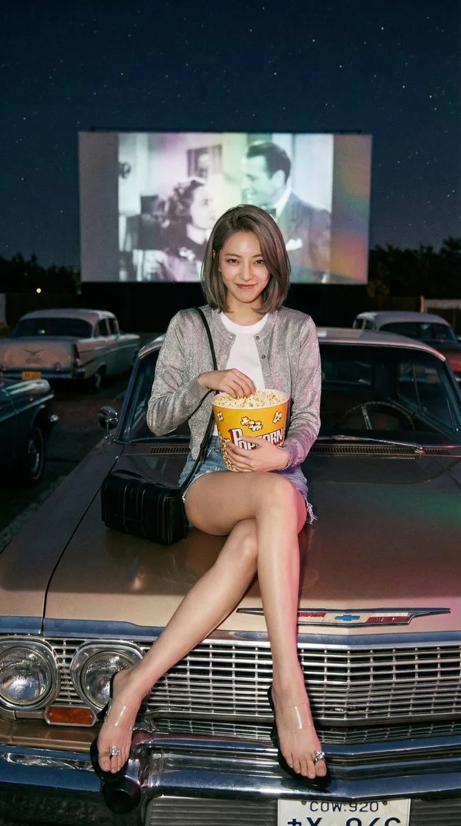 Cinematic Glow: Woman Embracing Retro Drive-In Vibes