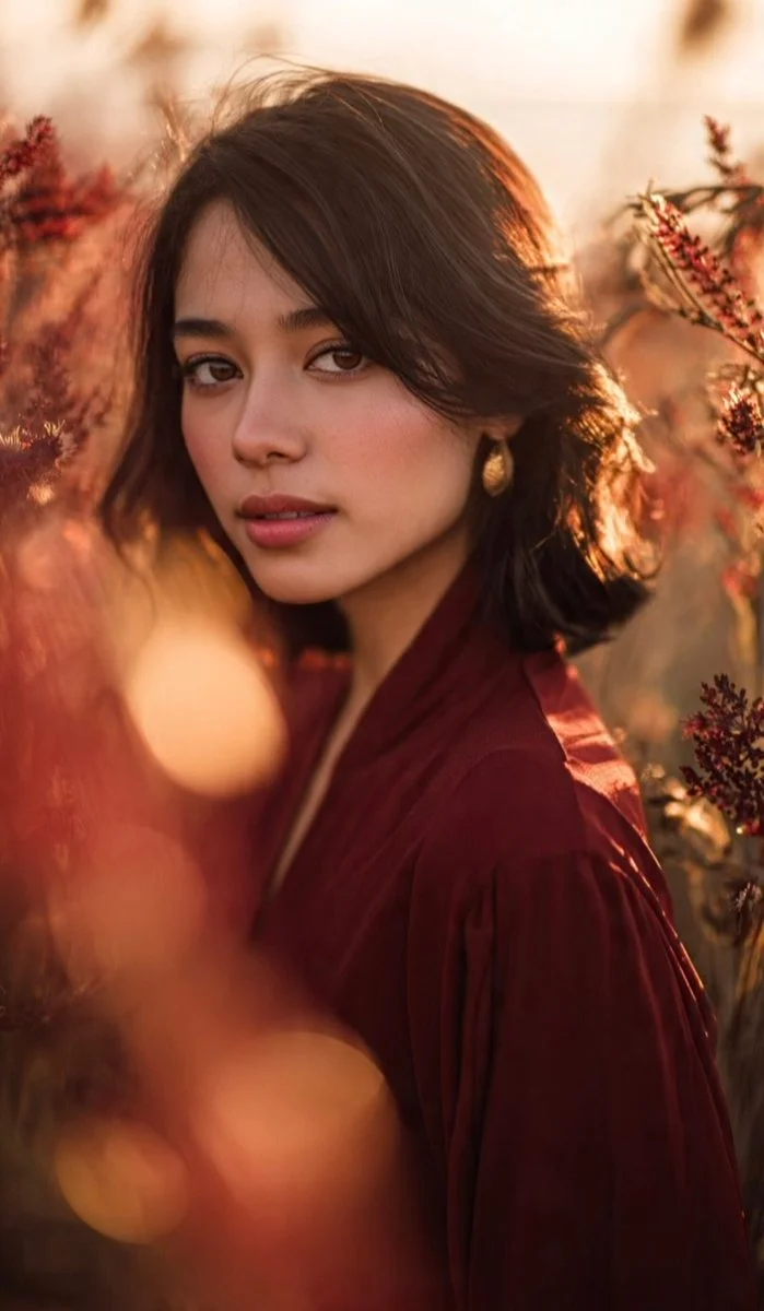 Cinematic golden hour portrait highlights her graceful silhouette and features