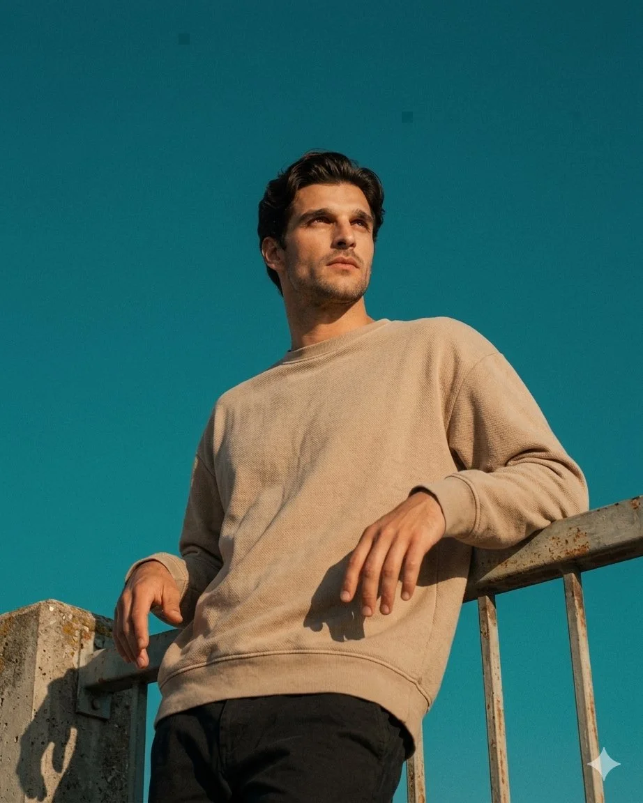 Cinematic Low-Angle Portrait in Warm Sunlight