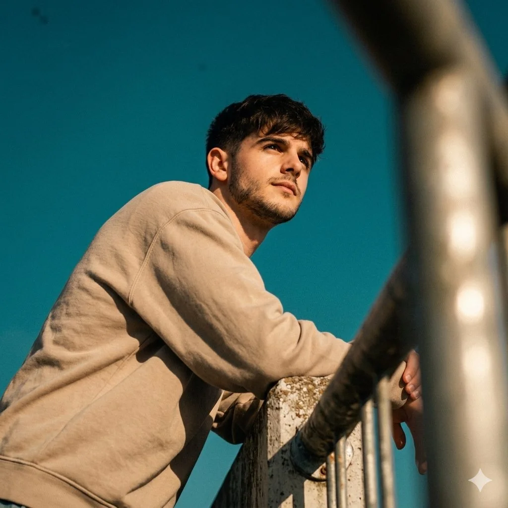 Cinematic Low-Angle Portrait of Contemplative Man in Warm Sunlight