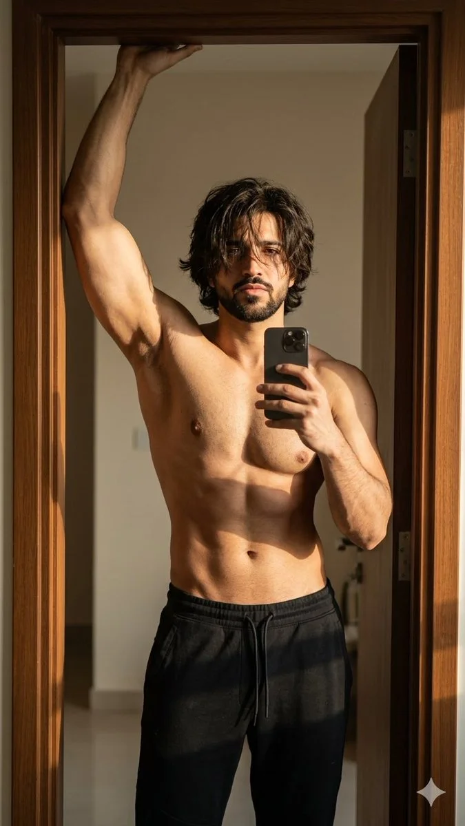 Cinematic Mirror Selfie Highlighting Sculpted Physique in Warm Light