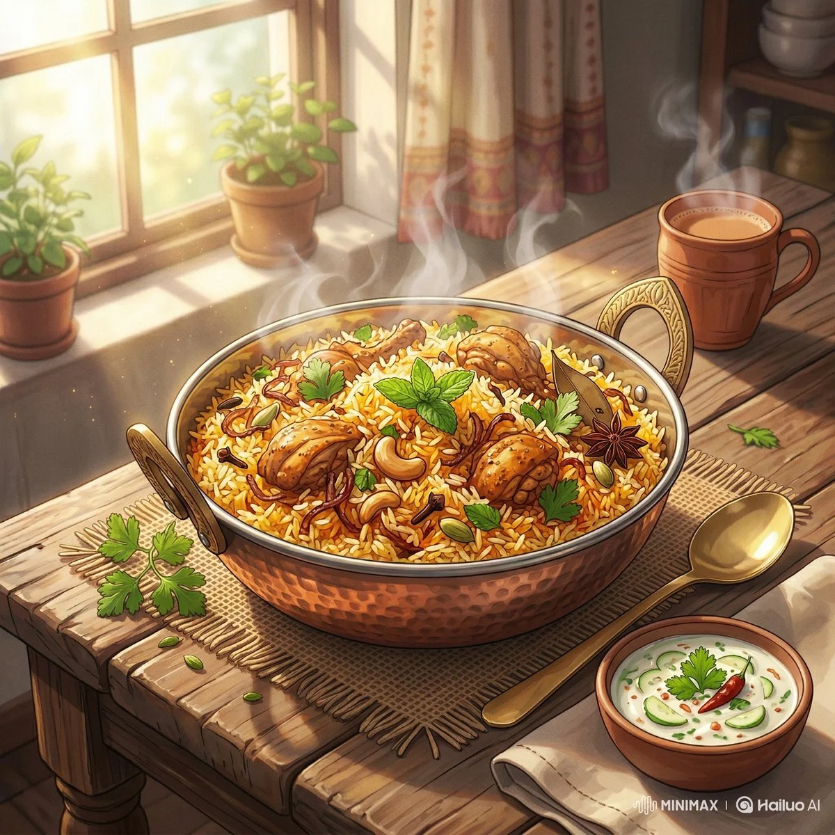 Cinematic Morning Light on Freshly Cooked Anime Dish