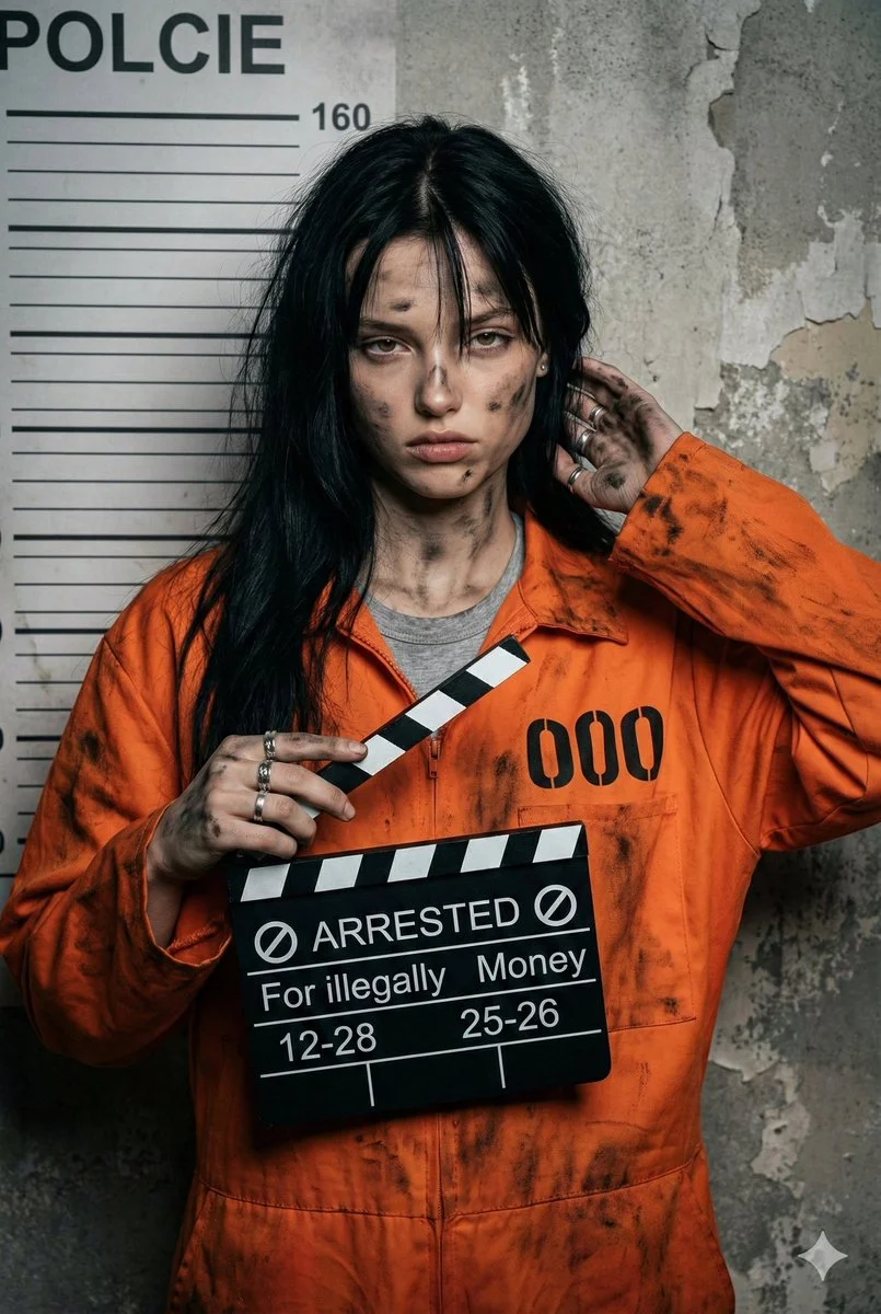 Cinematic Mugshot of a Soot-Stained Prisoner in Orange