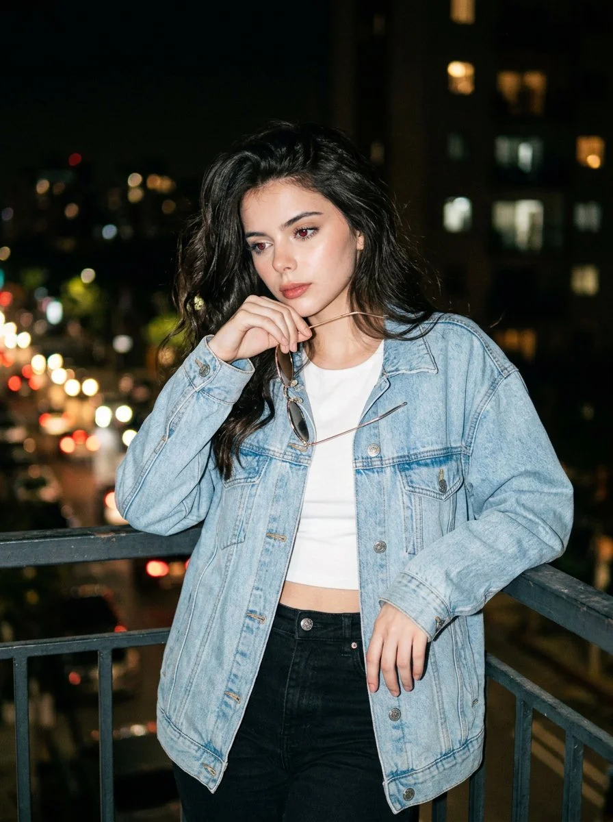 Cinematic Night Portrait of a Young Woman in Denim
