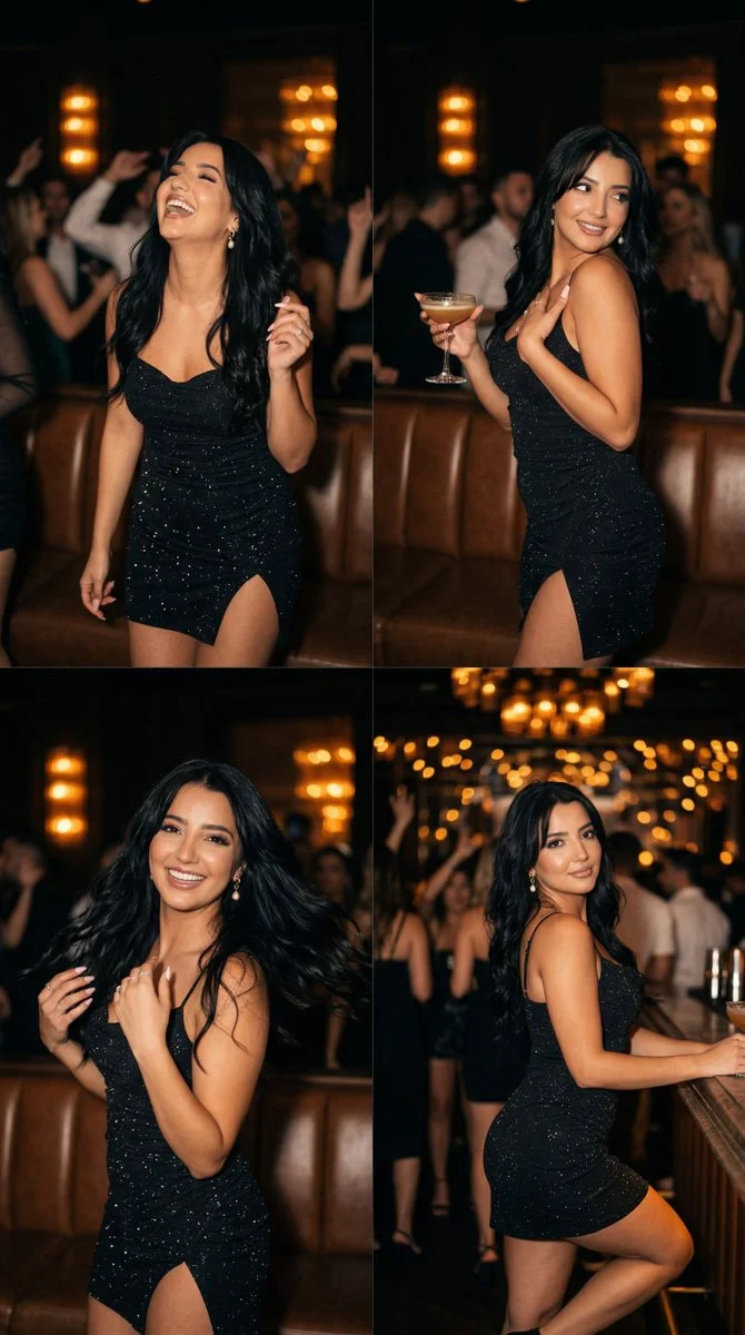 Cinematic Nightlife in Four Frames: Elegant Woman Captured in Motion