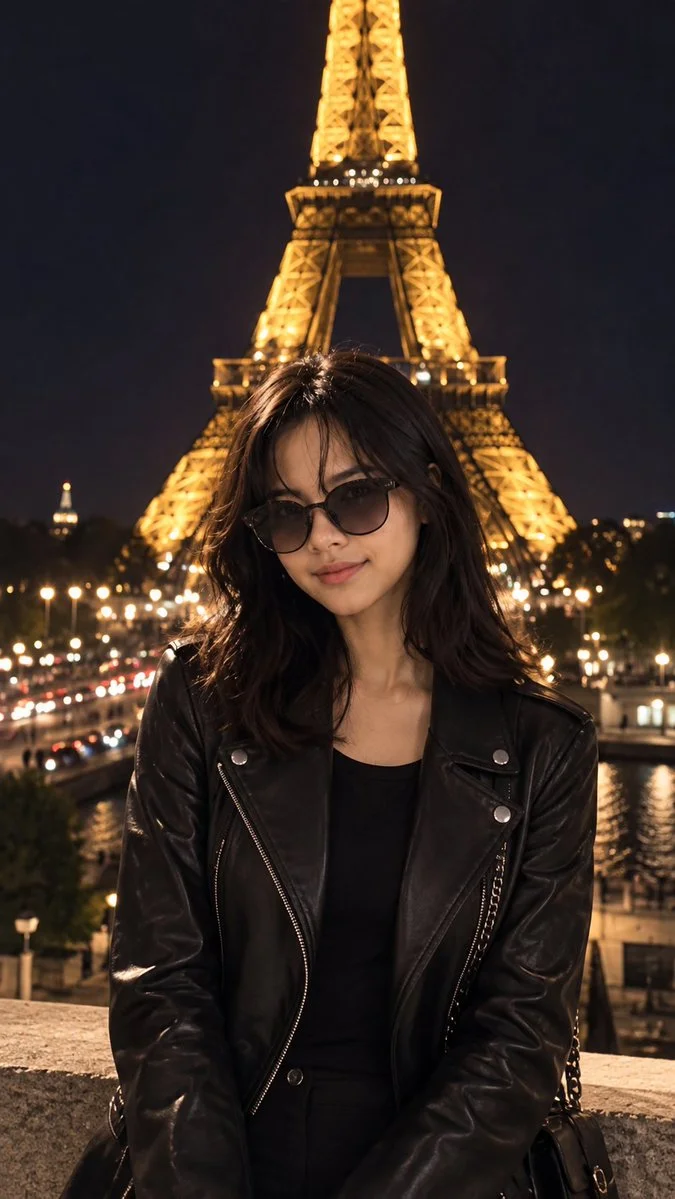 Cinematic Nighttime Fashion Portrait of Woman by Illuminated Eiffel Tower