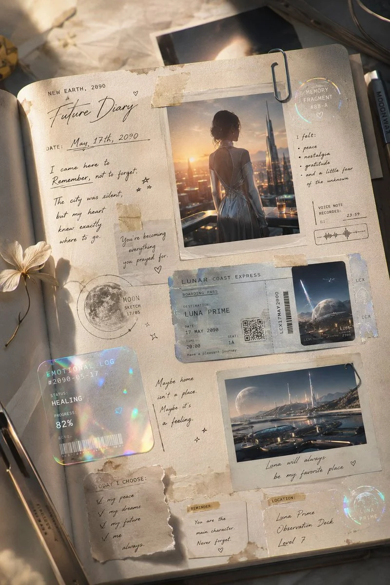Cinematic photographs layer over a glowing journal in an editorial spread