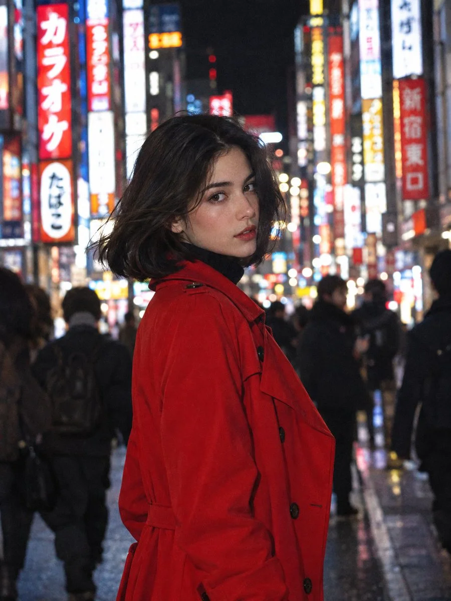 Cinematic Portrait Captures Enigmatic Gaze Amid Tokyo's Bustling Neon Nightscape
