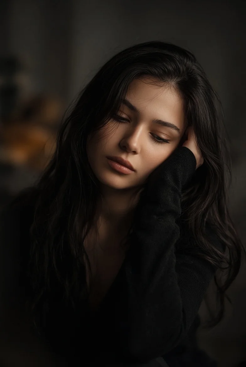 Cinematic portrait captures melancholic gaze of woman in chiaroscuro