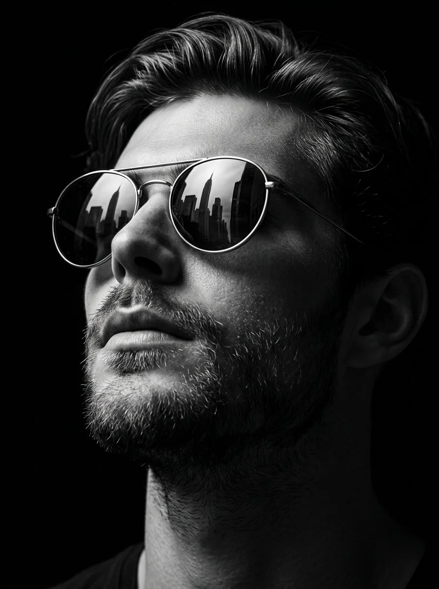 Cinematic Portrait: Man in Reflective Sunglasses