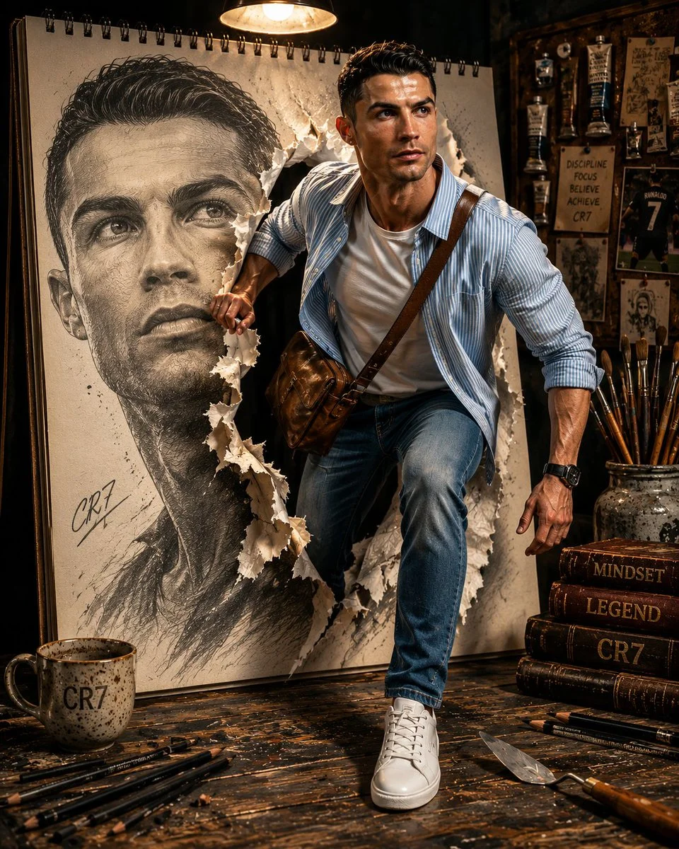 Cinematic portrait of a figure crossing from drawing into life
