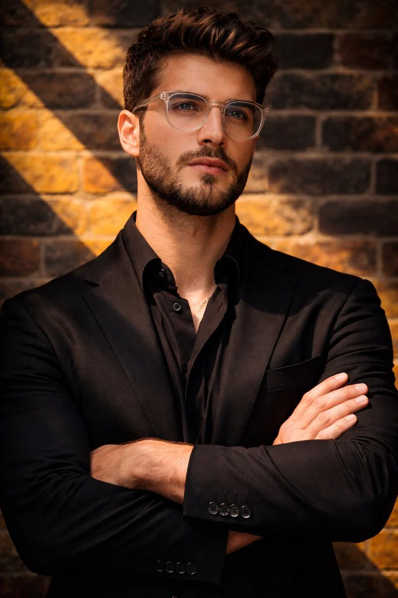 Cinematic Portrait of a Man Against Bold Yellow-Lined Brick Wall
