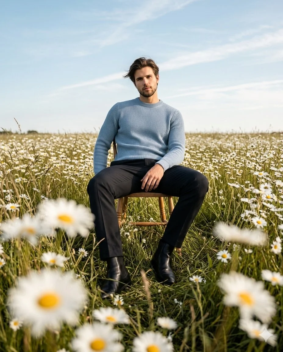 Cinematic Portrait of a Man Amidst a Daisy Meadow