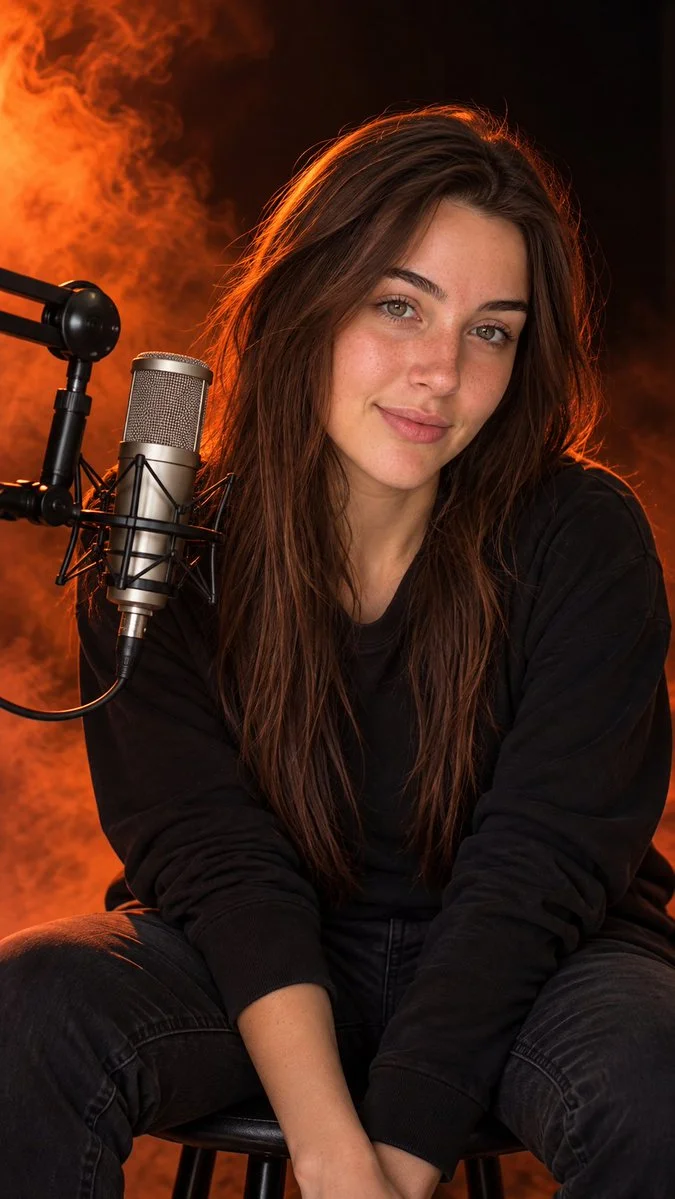 Cinematic portrait of a person seated on a stool in a dark studio