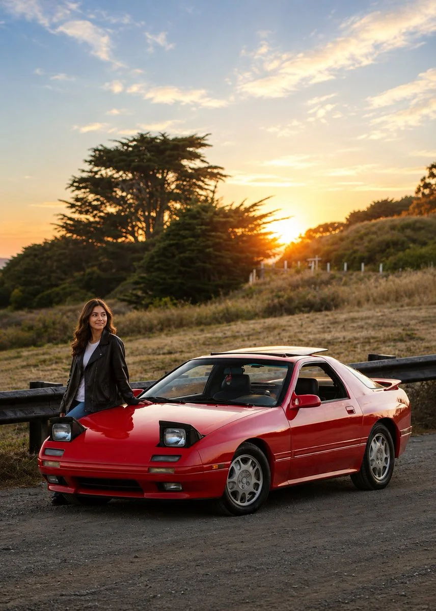 Cinematic portrait of a woman beside a classic sports car at dusk.