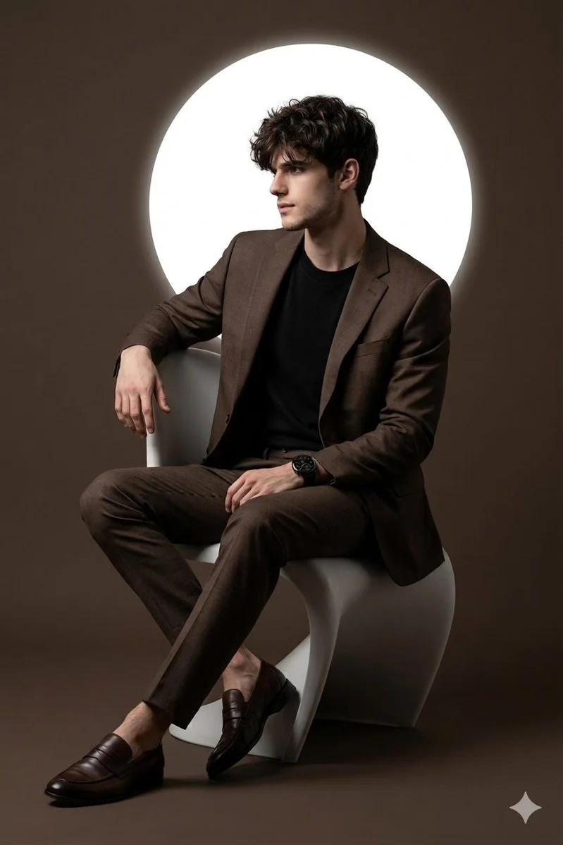 Cinematic Portrait of a Young Man in Brown Suit on Designer Chair