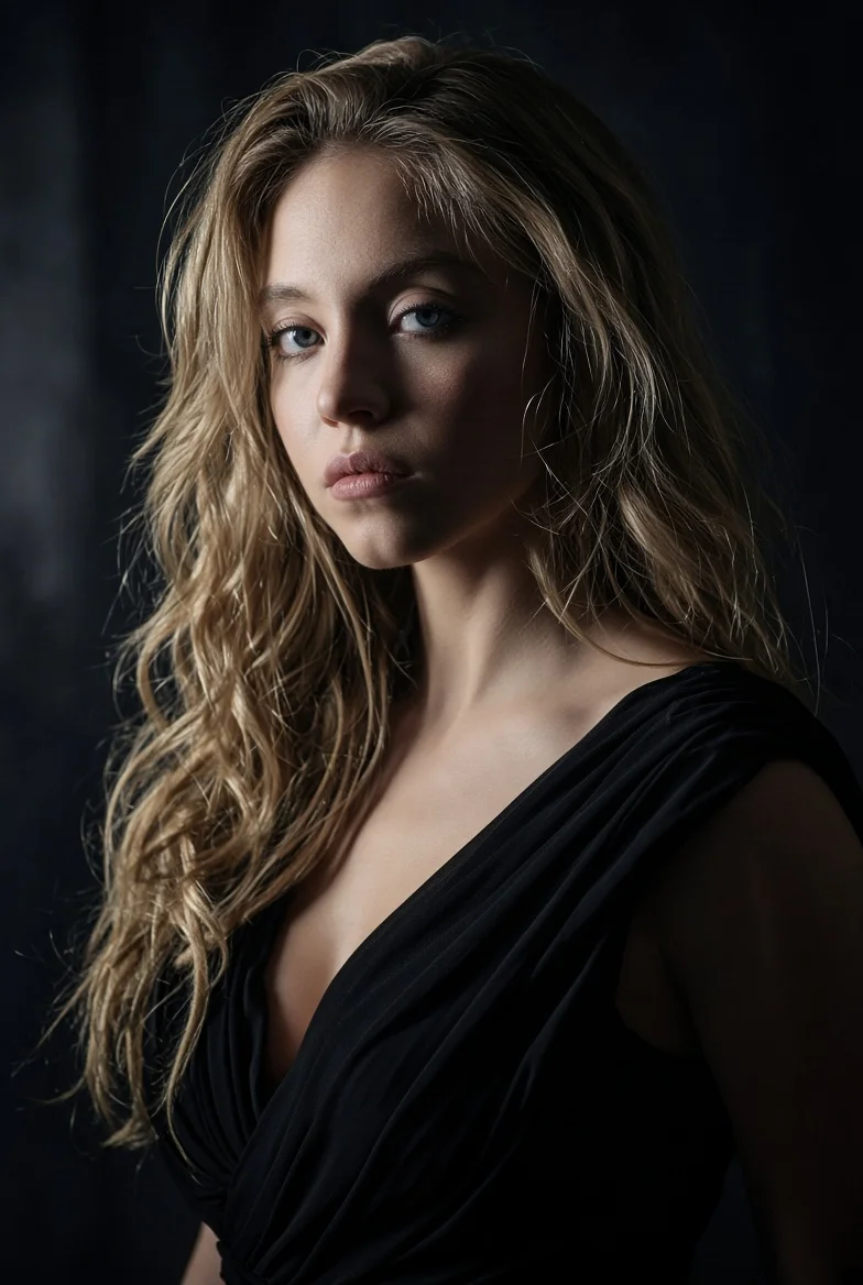 Cinematic portrait of a young woman with wavy blonde hair