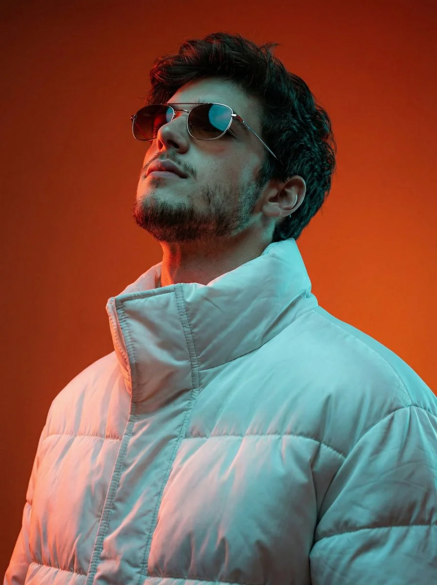 Cinematic Portrait of Man in Futuristic White Puffer Jacket