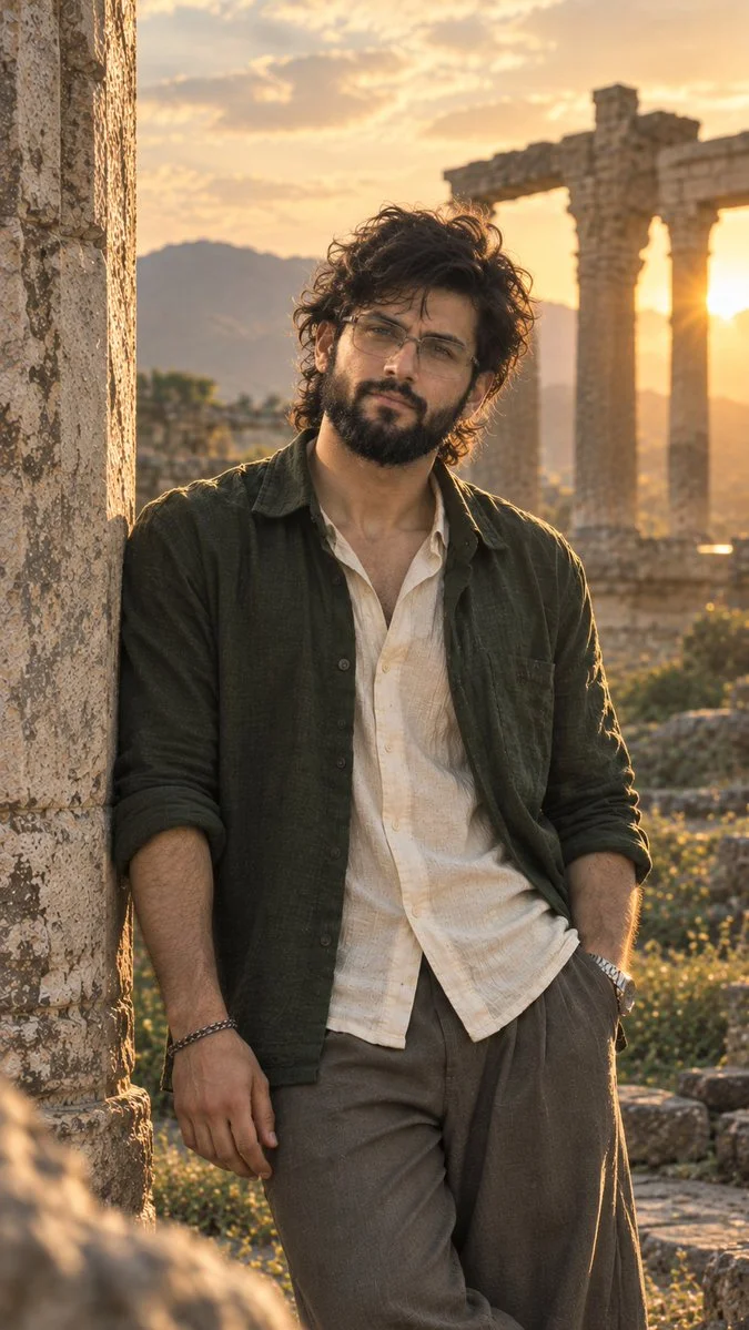 Cinematic Portrait of Man Standing Among Ancient Ruins at Golden Hour