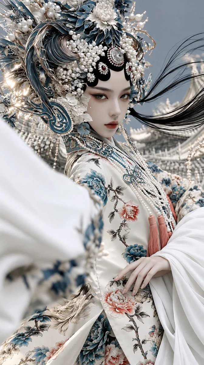 Cinematic Portrait of Mystical Empress in Ivory Silk and Coral Tassels