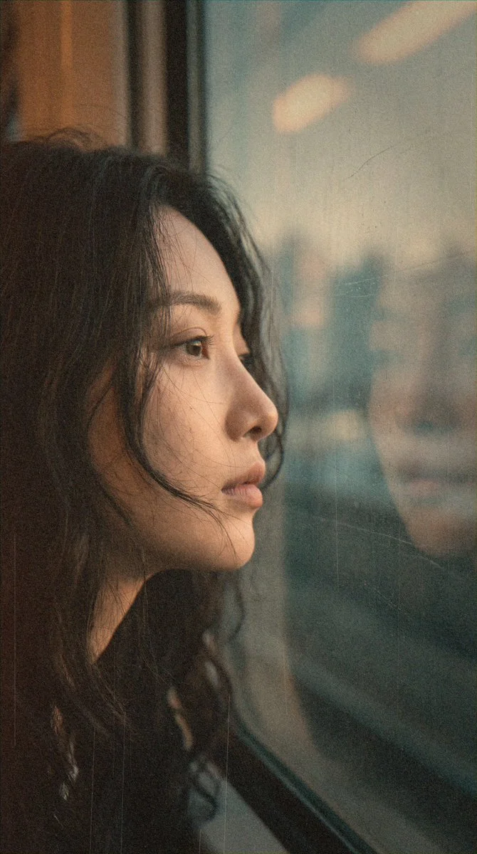 Cinematic Portrait of Reflection Beside a Train Window at Dawn