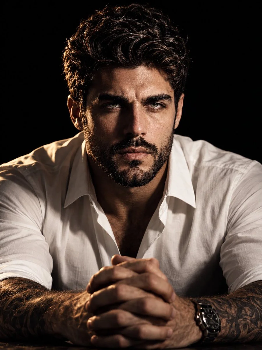 Cinematic portrait of tattooed man in white shirt with watch