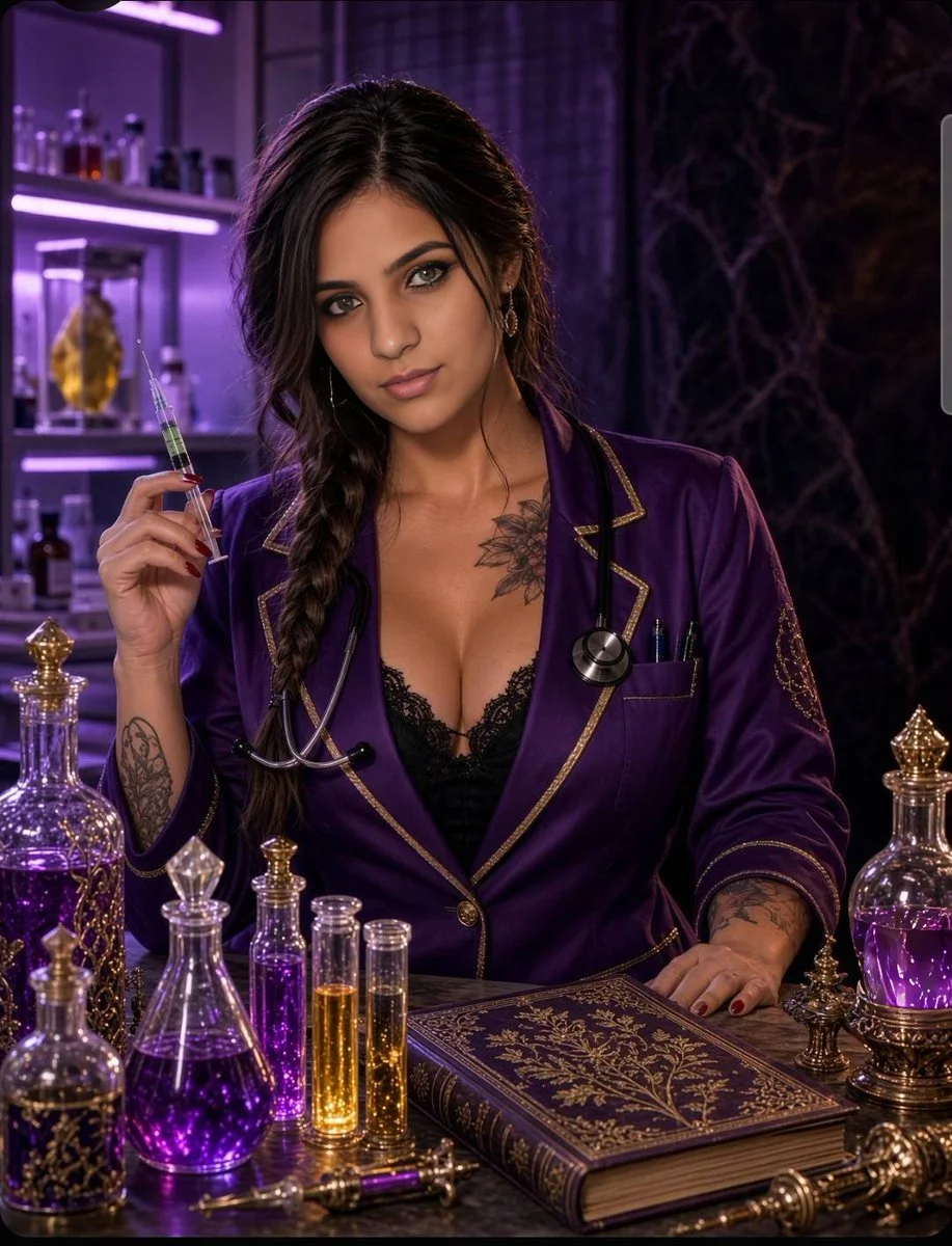 Cinematic Portrait of Tattooed Woman as Mad Scientist in Laboratory