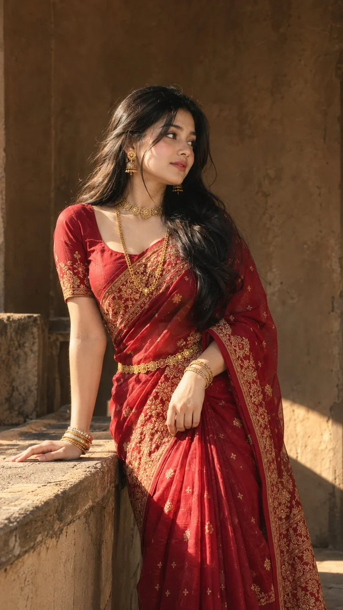 Cinematic Portrait of Woman in Red Saree with Gold Jewelry