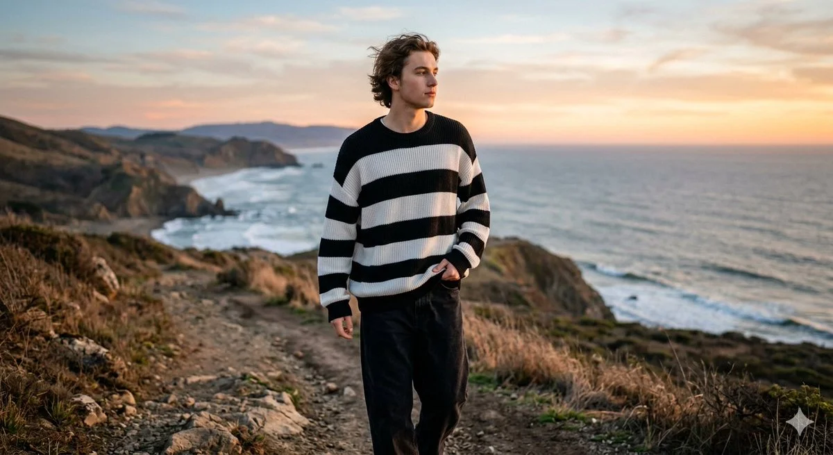 Cinematic Portrait of Young Man at Seaside Sunset
