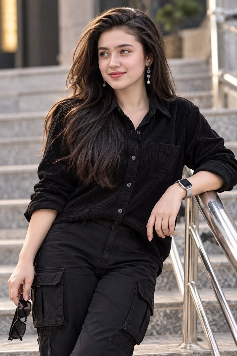 Cinematic Portrait of Young Woman in Black Corduroy on Staircase