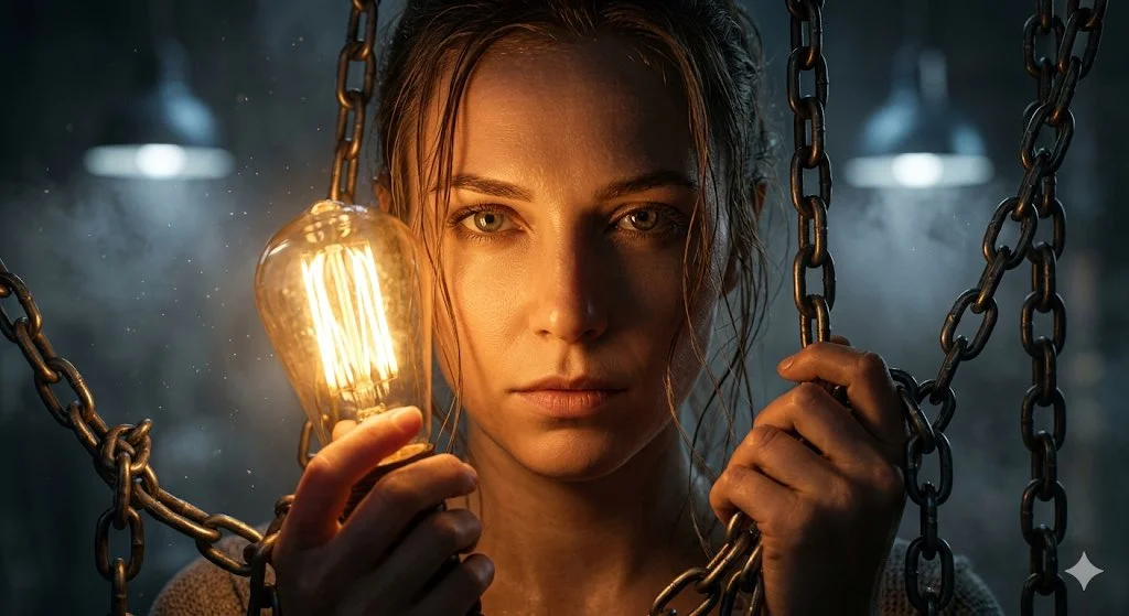 Cinematic Portrait with Amber Lamp and Metal Chains
