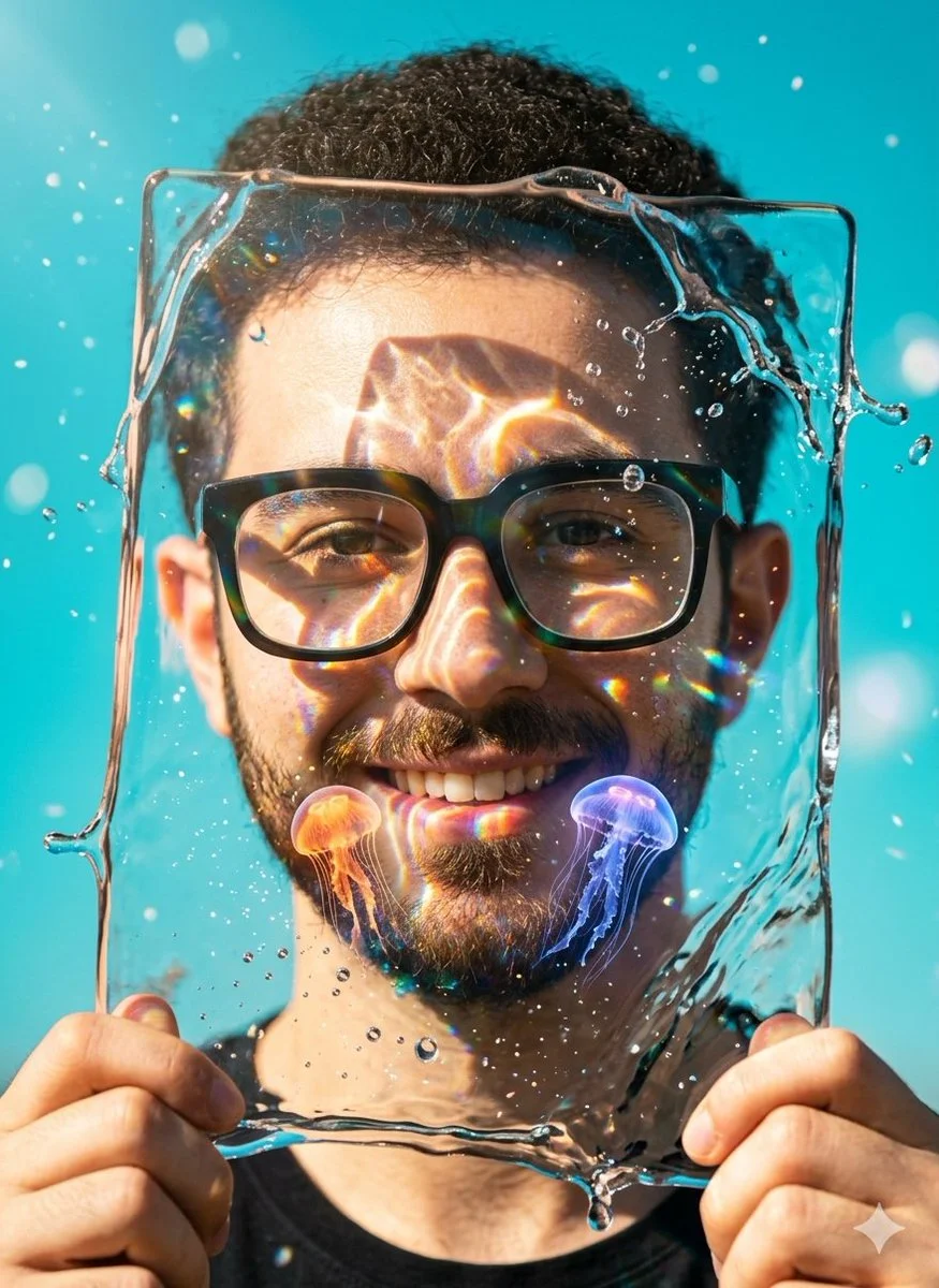 Cinematic Portrait with Fluid Glass and Bioluminescent Jellyfish