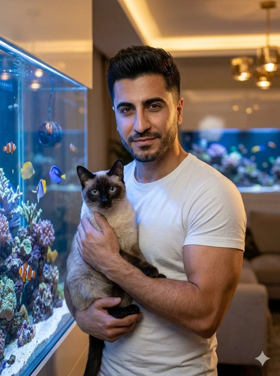 Cinematic Portrait with Siamese Cat and Living Wall Aquarium