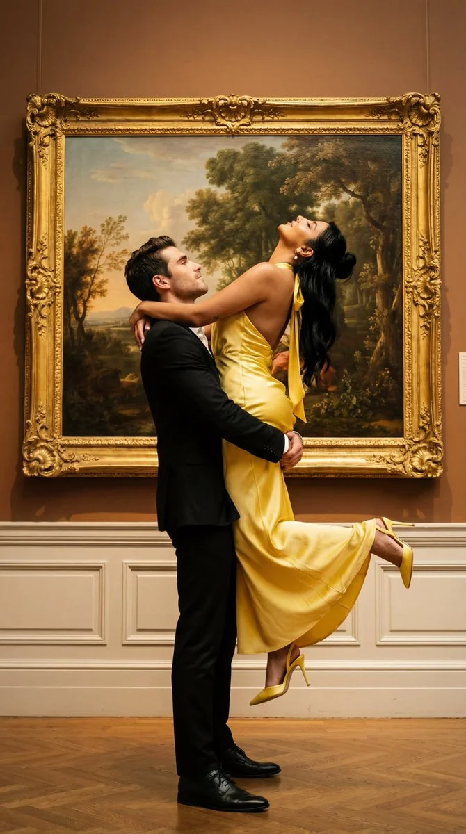 Cinematic Romance: Embrace in Yellow Satin