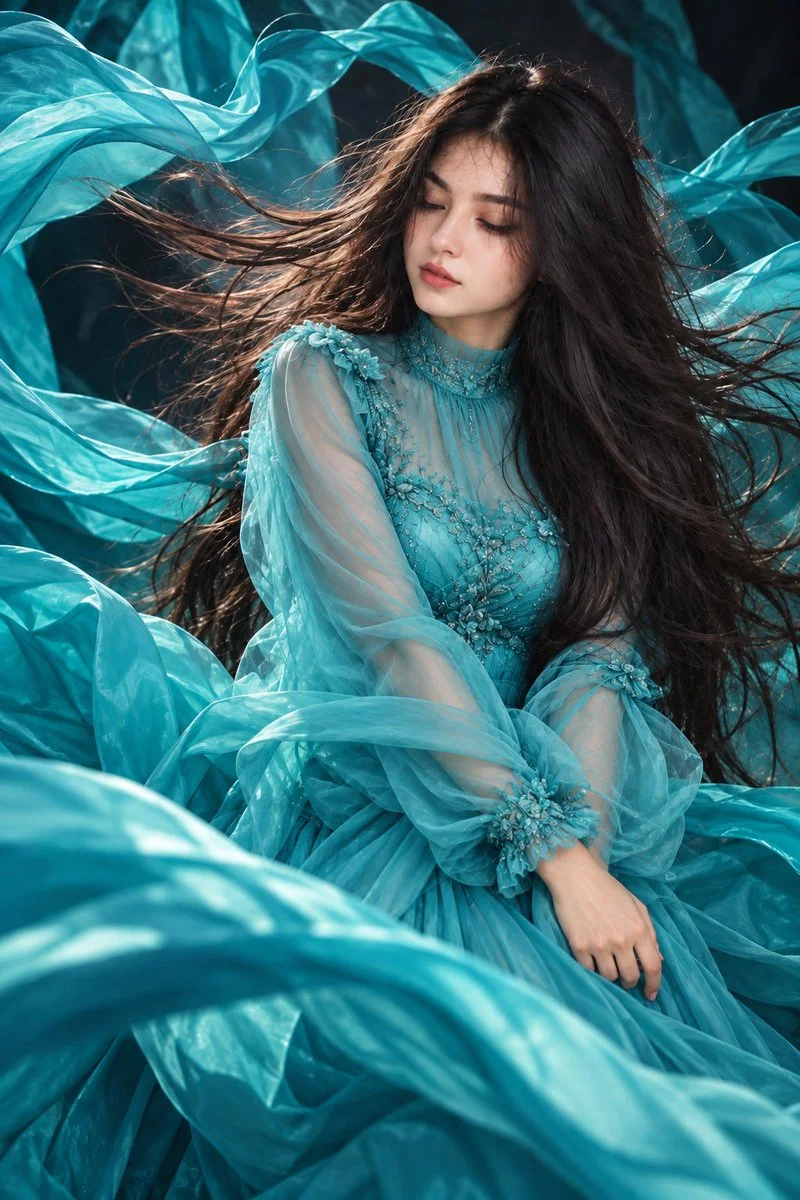 Cinematic shot of modest turquoise gown flowing in windblown elegance