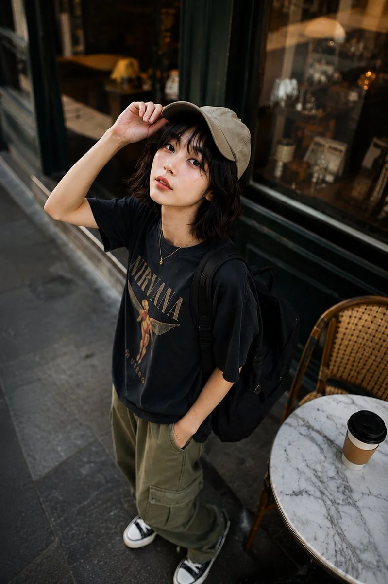 Cinematic Street Portrait of a Stylish Korean Woman at Café
