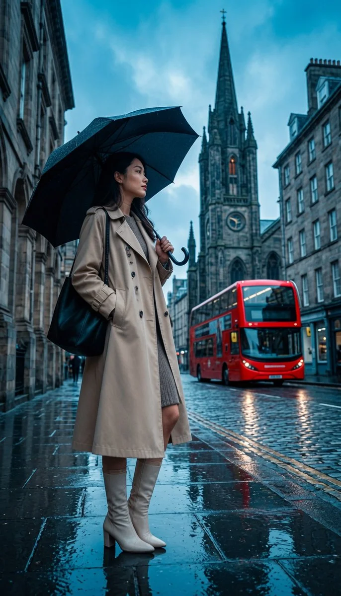 Cinematic Street Portrait of Stylish Woman in Rainy European Setting