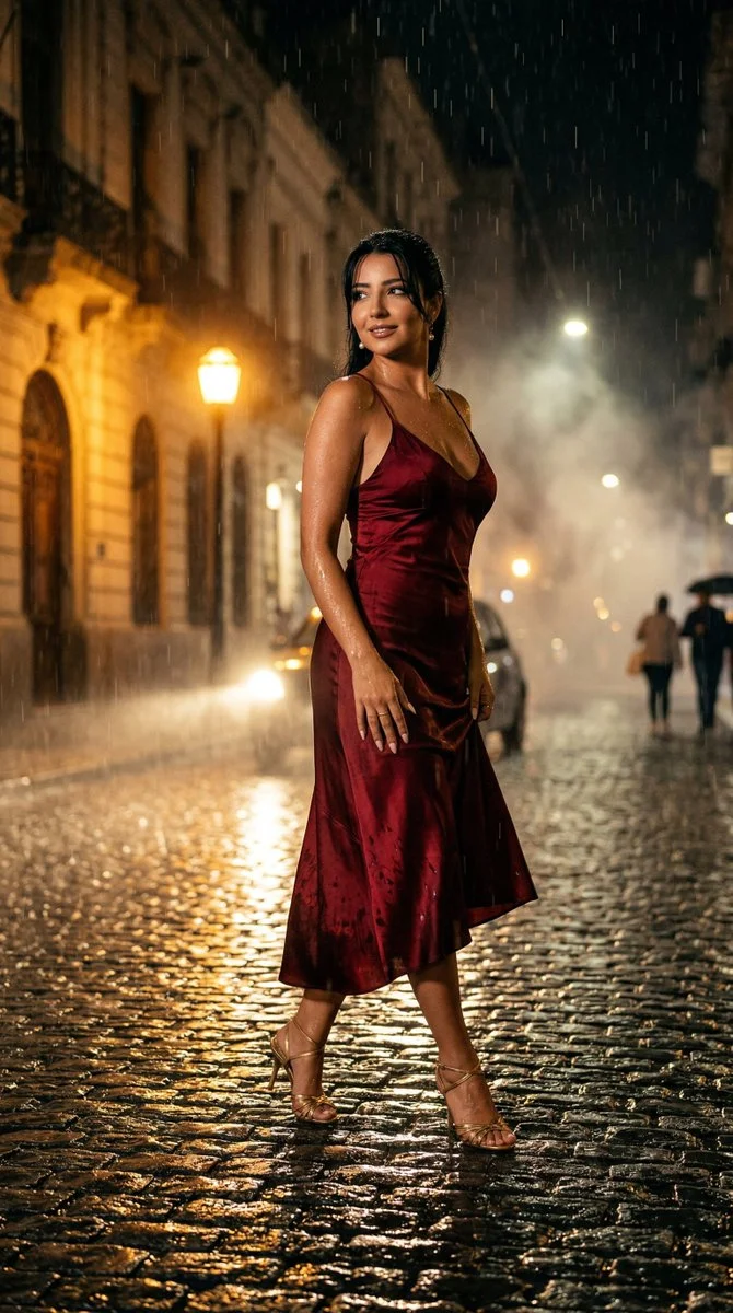 Cinematic Tango Muse in Rain-Soaked Buenos Aires Night