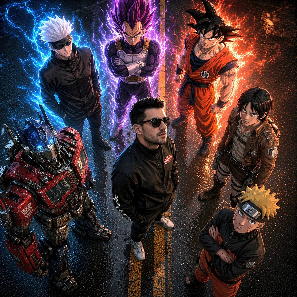 Cinematic Top-Down Fusion: Realism Meets Anime Icons on Wet Asphalt