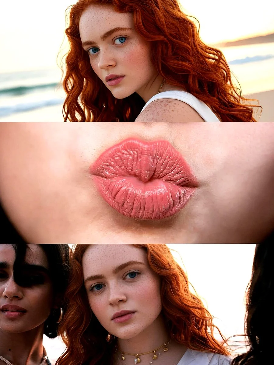 Cinematic triptych captures a redhead's portrait and beach group