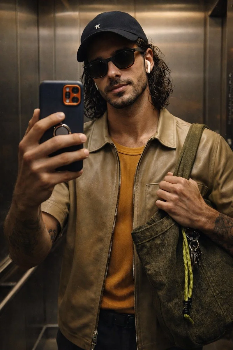 Cinematic Urban Style: Mirror Selfie with Realistic Detailing